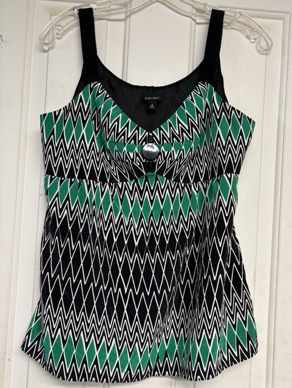 Nine West 100% Silk Babydoll Kelly Green & Black Womens Top Strappy Art Side Zip